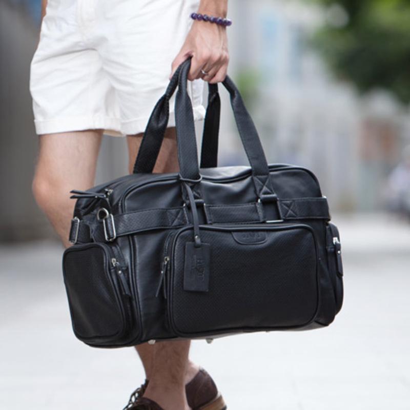 Short-distance Travel Bag Men Leather Black Waterproof Large-capacity Handbag Fitness Shoulder Bag