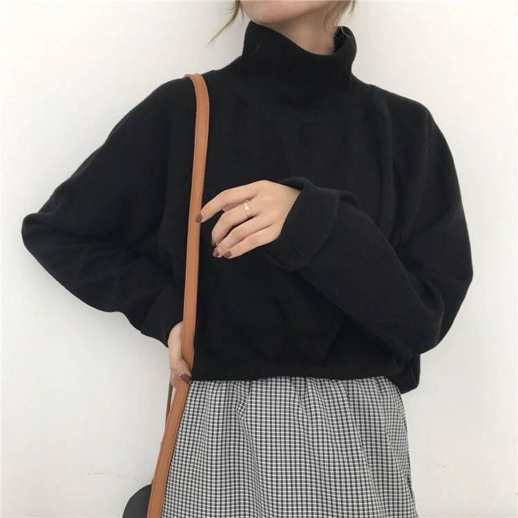 Pofulove Turtleneck Sweater Female Students Autumn Winter Loose Pullover Warm Shirt Solid Color Base