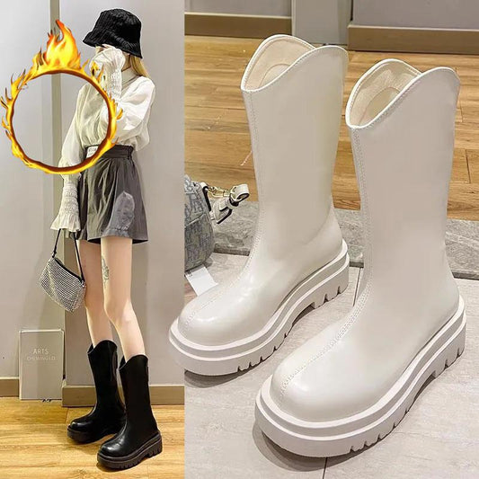 Chelsea Boots Mid-tube Boots Plus Velvet Snow Boots British Style Martin Boots Thick-soled Winter Boots Autumn and Winter