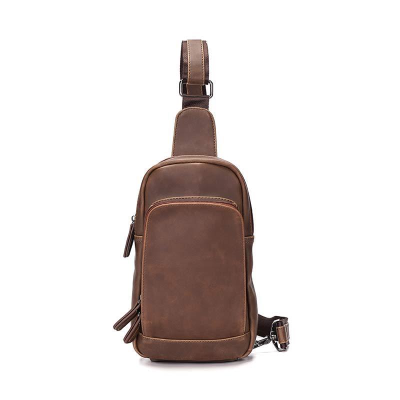 Chest Bag Men Coffee Large Capacity Multi-pocket Soft Leather Shoulder Bag Outdoor Sports Pockets