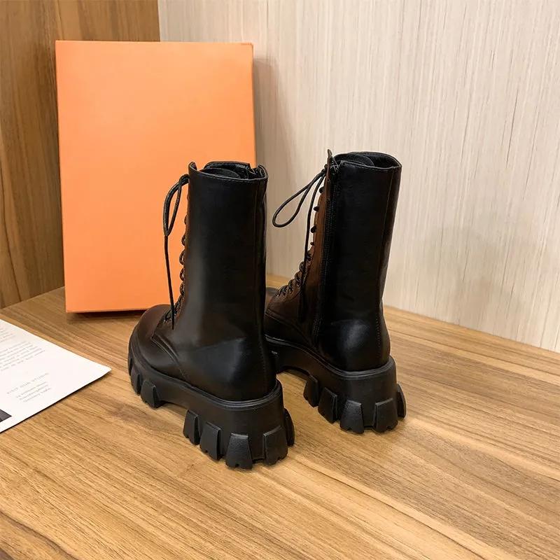 Platform Boots Women Shoes White Black PU Leather Booties Warm Ankle Boots Lace Up Combat Boots Flat Punk Goth Winter Autumn