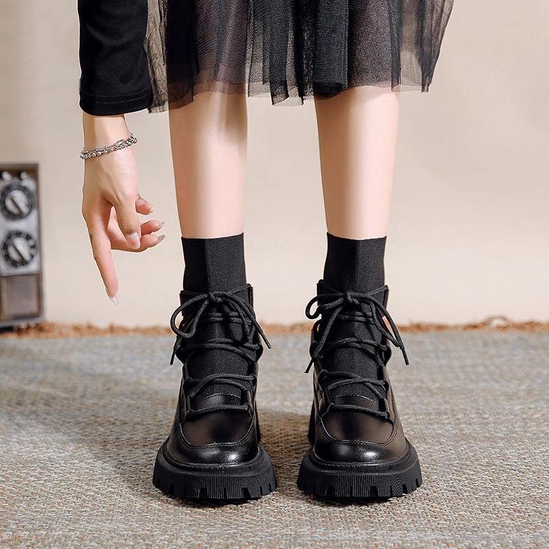 Autumn Winter Women's Boots Black White Ankle Boots Knit PU Leather Short Booties Woman Fall Shoes Punk Goth Shoes