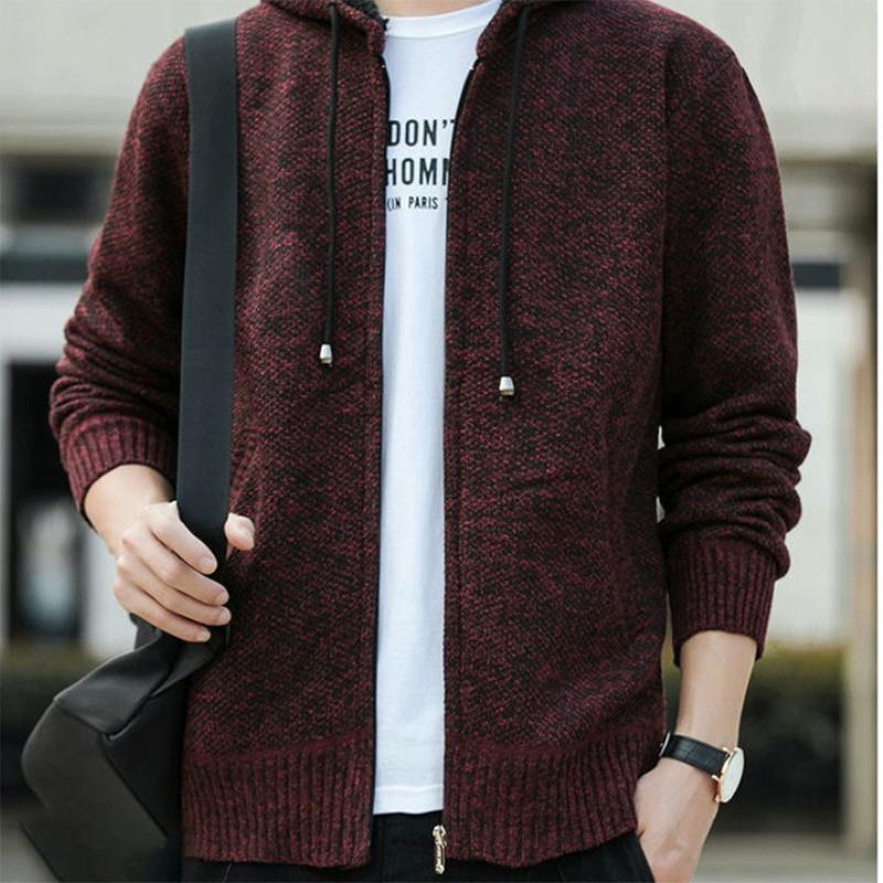 Mens Plus Velvet Cardigan Padded  Men's Knitted Sweater Cardigan Korean Trend Handsome