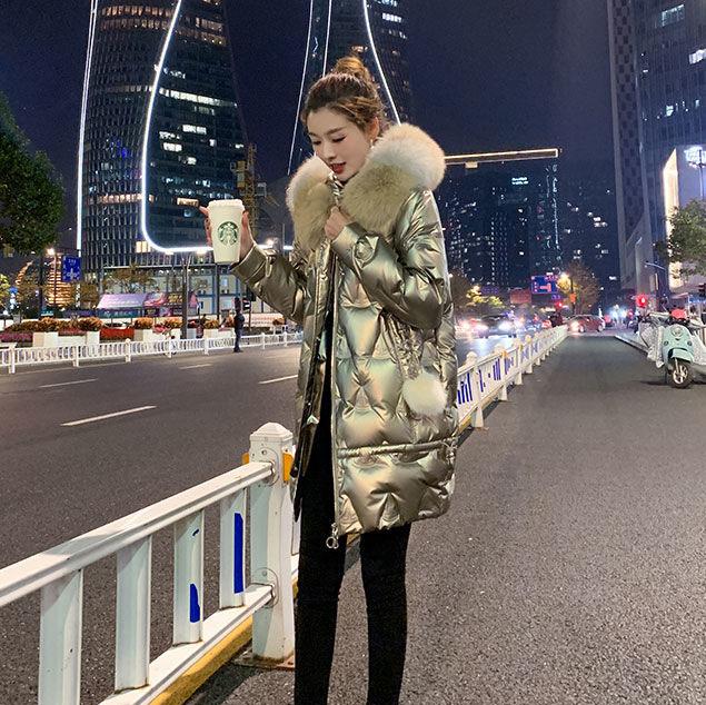 Bright Silver Down Jacket Winter Women's Long Hooded Coat Parka Thick Winter Jacket Women's Coat Oversize