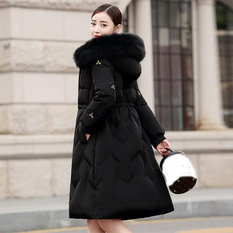 Women's Solid Color Embroidered Down Jacket Mid-length Korean Style Loose Thick Coat Warm Cotton Coat Large Fur Collar Winter Quilted Jacket