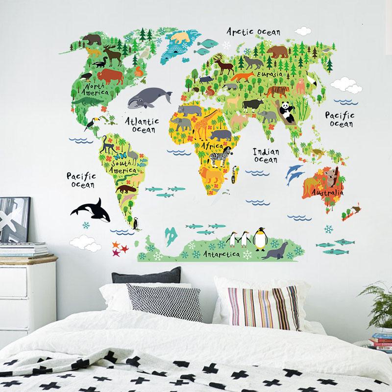 [Wall sticker ]Diy Animal World Map Wall Stickers For Kids Rooms Boys Girls Children Bedroom Wall De
