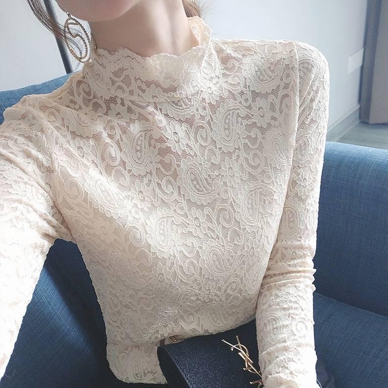 Tight Lace Mesh Beauty Plus Cashmere Tops Female Half High Collar Bottoming Feminine Sexy Blouse