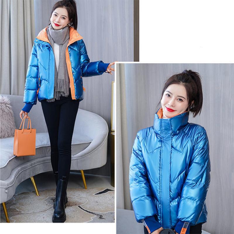 Women's Shiny Short Down Jacket Winter Korean Style Loose Quilted Jacket Casual Stand-collar Padded Jacket