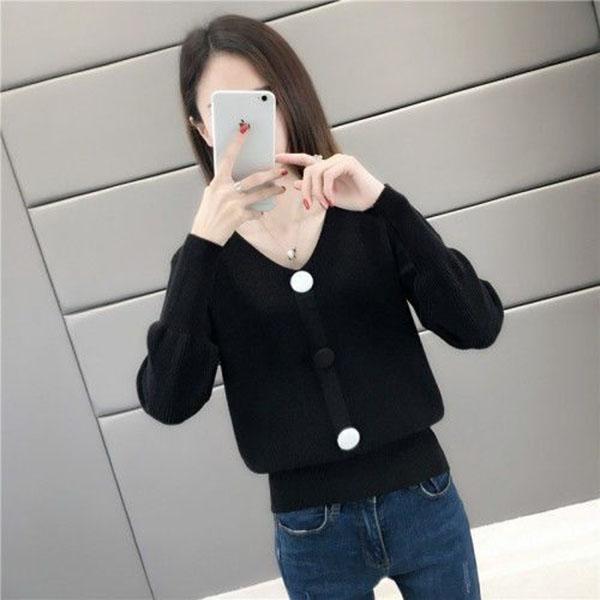 Spring and Autumn V-neck Low-neck Sweater Pullover with Short Bottoming Shirt Casual All-match Female Top