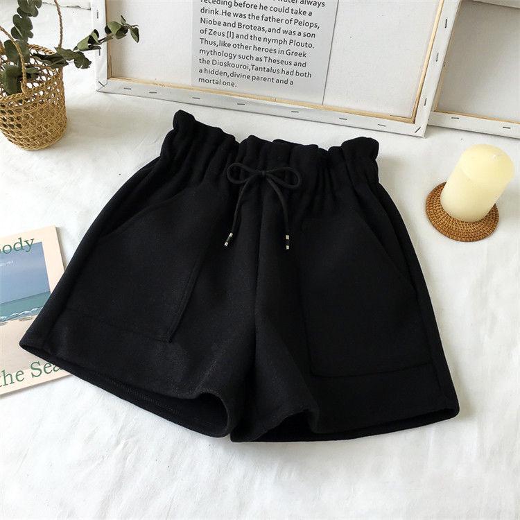 Large Size Wide-Leg Woolen Shorts Women's Elastic Head High-waisted Thick Short-length Pants