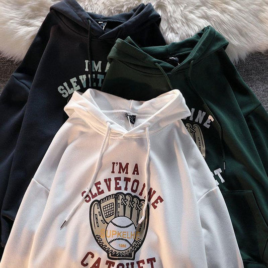 American Retro Street Trend Baseball Glove Printed Hooded Men's Long-sleeved Solid Color Printed Sweater Loose All-match