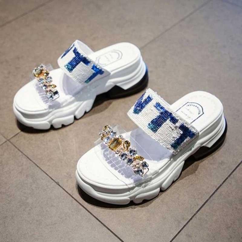 Size 35-39 Summer Women Shiny Slippers Bohemian Beach Wear-resistant Non-slip Slippers Wedge Platform Rhinestone Sandals Outdoor Crystal High Heels
