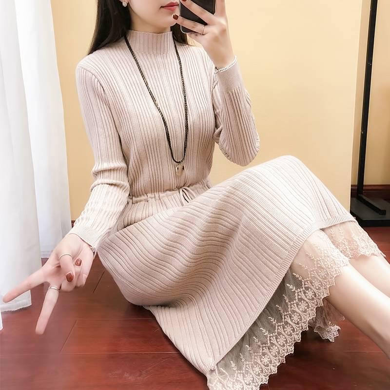 Knitted Long Lace Thick Sweater Dress Large Size Women Over Knee Loose Bottoming Knitwear