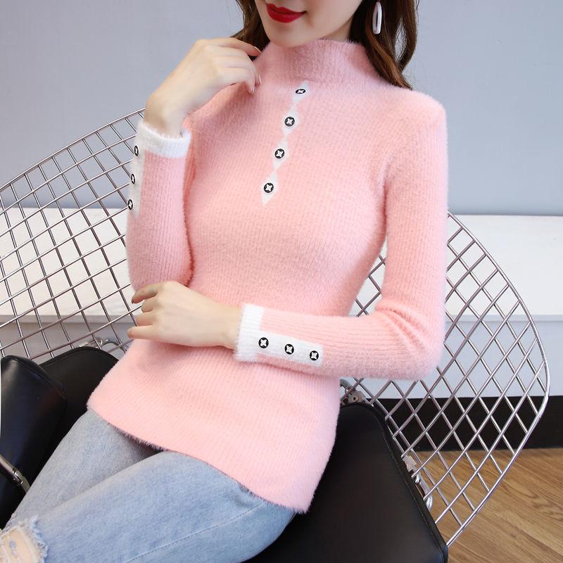 Autumn and Winter Half High Neck Mohair Sweater Knit Fashion Slim Top All-match Long-sleeved Women's Bottoming Shirt