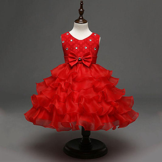 Temperament Diamond-studded Girls Sleeveless Puffy Princess Dress Children's Piano Performance Dress Bow Girl Cake Dress Wedding Dress