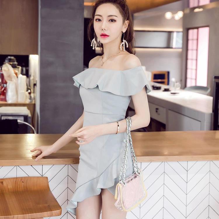 Strapless Women Short Dress 2020 Solid Summer Slash Neck Vestido Korean Ruffles Package Hip Dress