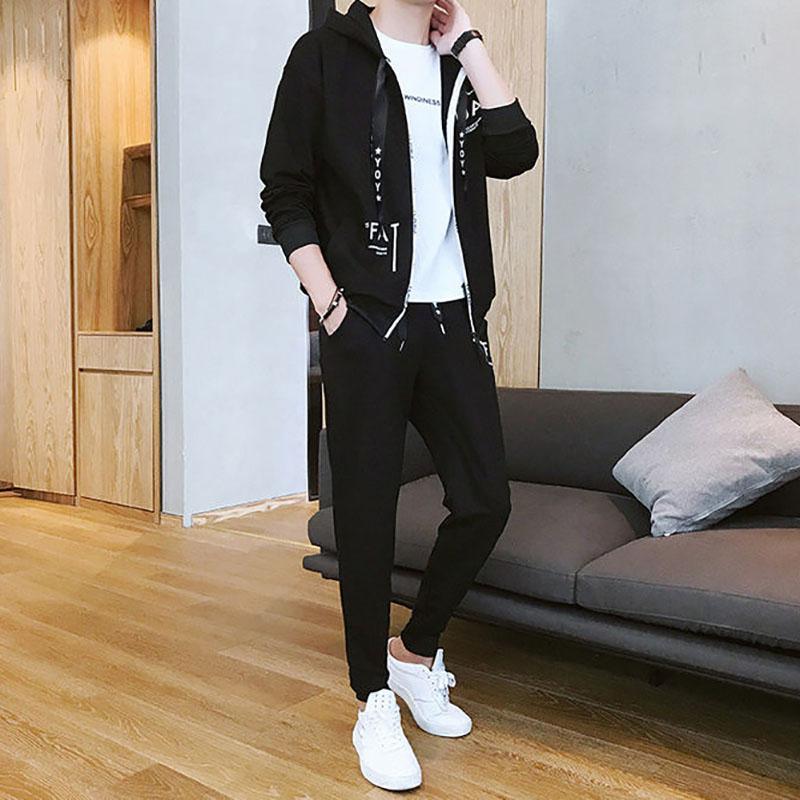 Spring and Autumn Men's Sweatshirt Set Korean Slim Jacket Hooded Sportswear Clothes + Pants