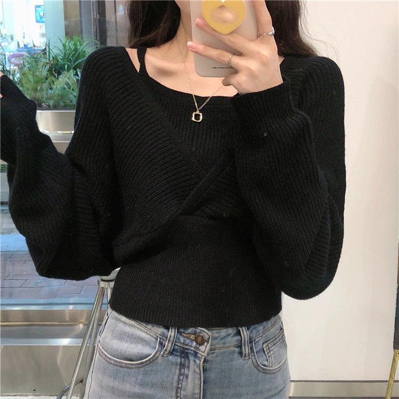 Design Sense French Niche Waist Sleeves Are Thin, Fake Two-piece Clavicle Strapless Large Size Long-sleeved Sweater Women's Blouse