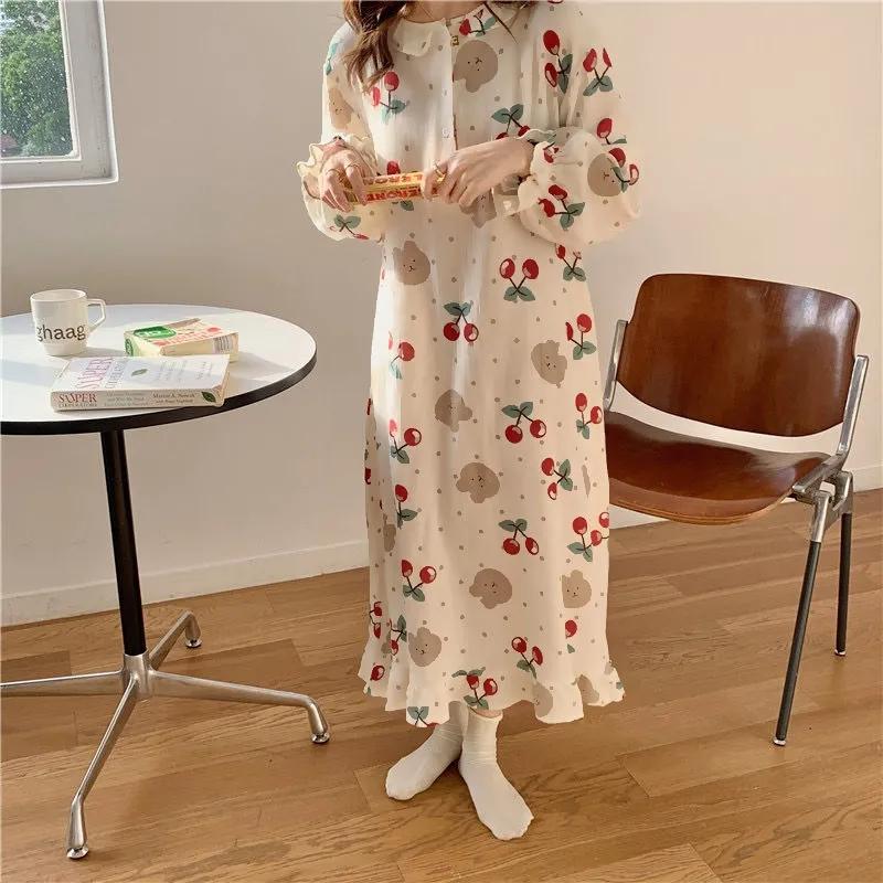 Women's Autumn Winter Pajamas Dress Long Cute Doll Collar Strawberry Printing Sweet Long Sleeve Nightdress Loose Comfortable Homewear