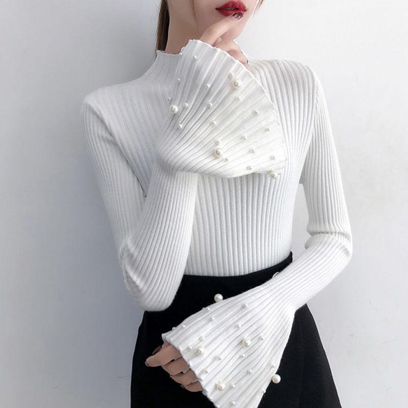 Flared Sleeves Pullover Sweater Women Autumn and Winter Slim Beaded Sweater All-match Bottoming Shirt