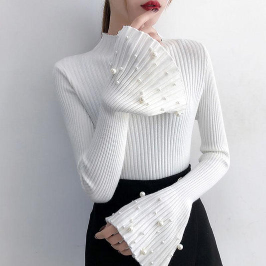 Flared Sleeves Pullover Sweater Women Autumn and Winter Slim Beaded Sweater All-match Bottoming Shirt