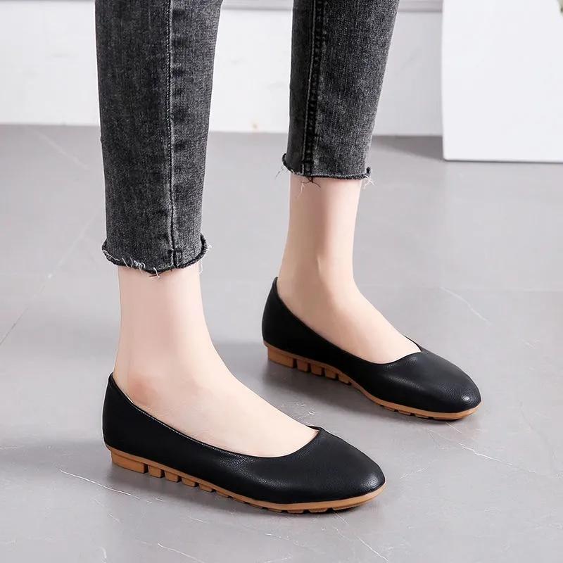 Women's Round Toe Shoes Korean Style Shoes Ladies Comfortable Leather Shoes Nurse Work Shoes Soft Sole Mother's Shoes