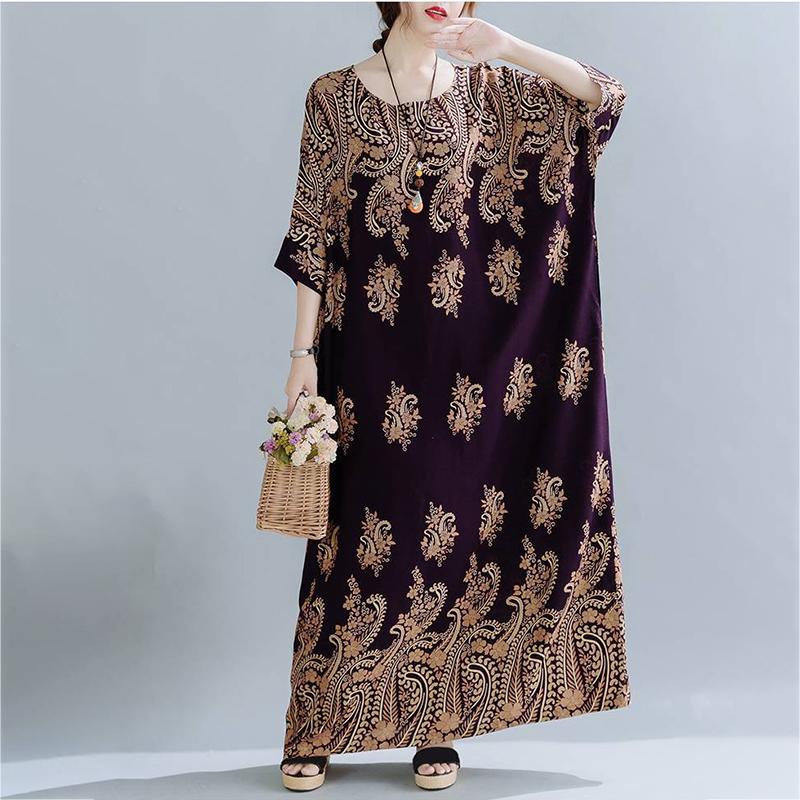 WTEMPO Plus Size Women Dress Summer Short Sleeve Round Neck Long Dress Casual Full Length Bohemia Long Robe
