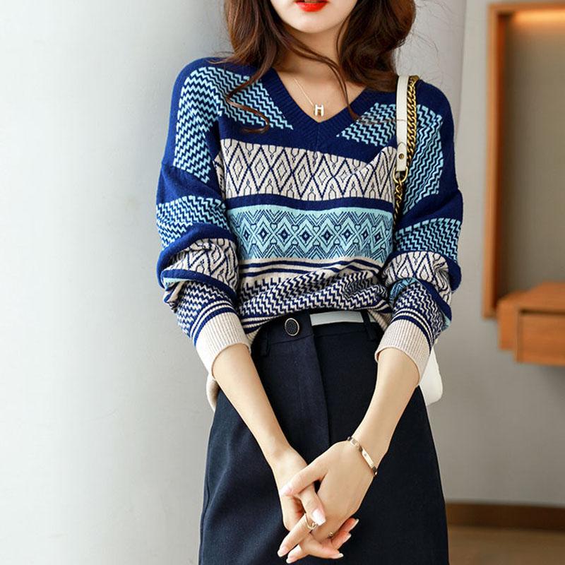 Sweater Women Stitching Printing V-neck Pullover Knitwear Korean Loose Fluffy Top Striped Sweater Autumn and Winter Fashion