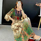 Ethnic Style Round Neck Three-quarter Sleeve Dress Retro Elastic Waist Ruffled Large Swing Skirt Holiday Travel Long Skirt Large Size Women's Clothing
