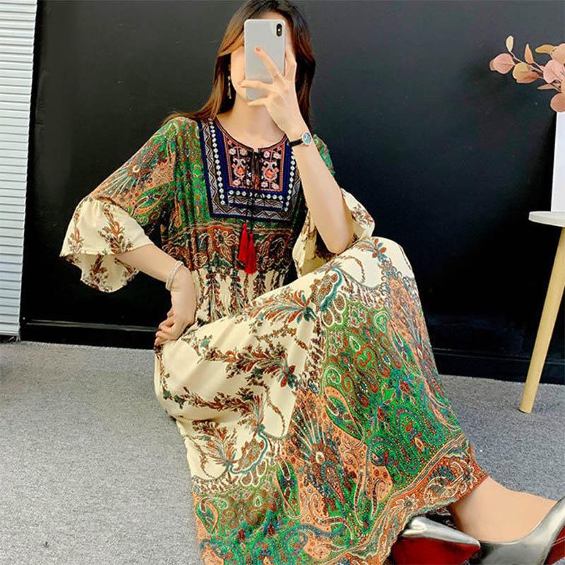 Ethnic Style Round Neck Three-quarter Sleeve Dress Retro Elastic Waist Ruffled Large Swing Skirt Holiday Travel Long Skirt Large Size Women's Clothing