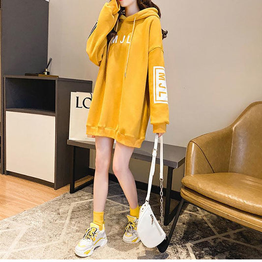 Large Size 200 Kg Mid-length Women's Sweater Autumn and Winter Fashion Trend Letter Printing Solid Color Plus Velvet Thick Women's Jacket