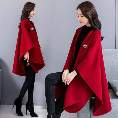 Woolen Coat Women's Cloak-style Coat Cardigan Woolen Coat Irregular Shawl Temperament Versatile Warm and Comfortable Wrap