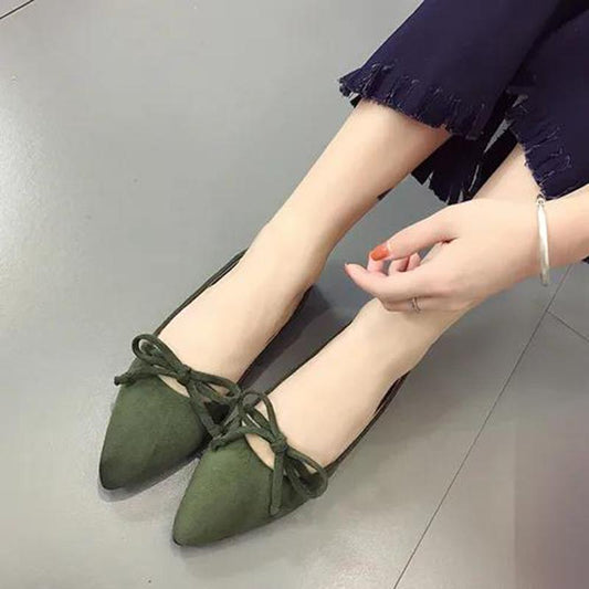 Single Shoes Women's Flat-bottomed Pointed Toe Low-heeled Pumps Bowknot All-match Lazy Shoes Suede Single Shoes Soft and Light
