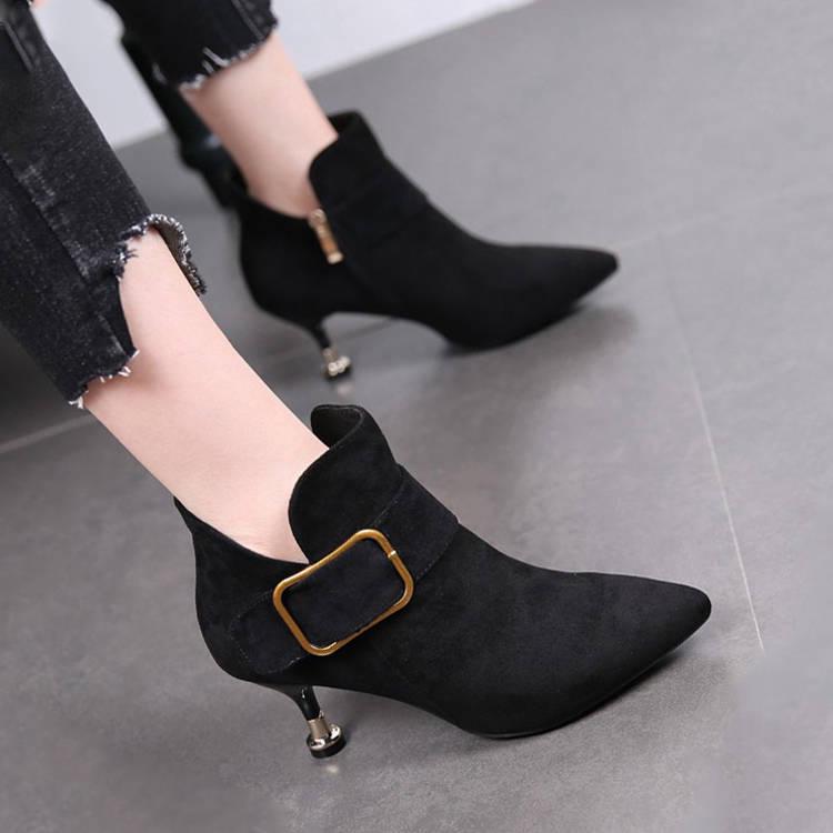 Women's Autumn Winter Retro High Heel Ankle Boots Women Leather Ankle Boots Pointed Toe Boots