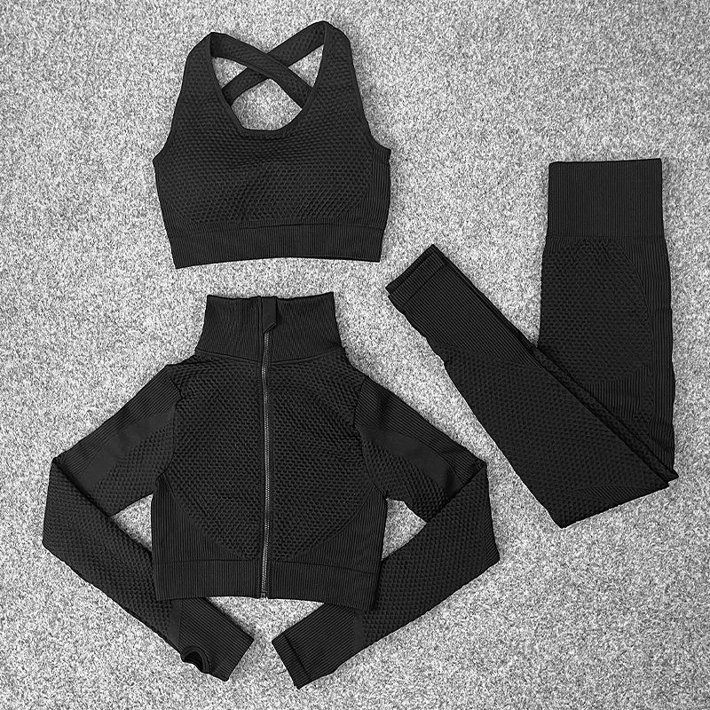 3PCS Seamless Knitted Yoga Suit Set Four Seasons Universal Hip Lift Fitness Sports Suit Gym Running Trousers Vest Long-sleeved Jacket Three-piece Set