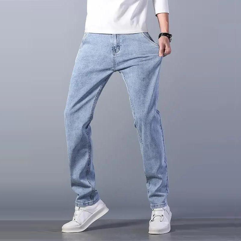 Spring, Summer and Autumn Thin Jeans Men's Straight Loose Light Blue Trendy Stretch Casual Light-colored Trousers