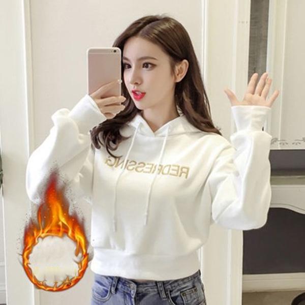 Autumn and Winter Short Hooded Sweater Embroidered Gold Velvet Thick Sweater High Waist Lantern Sleeve Blouse Women's Trend