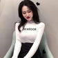 Pofulove Half Turtleneck Lettering Sweater Knit Sweater Top Retro Slim Long Sleeve Pullover