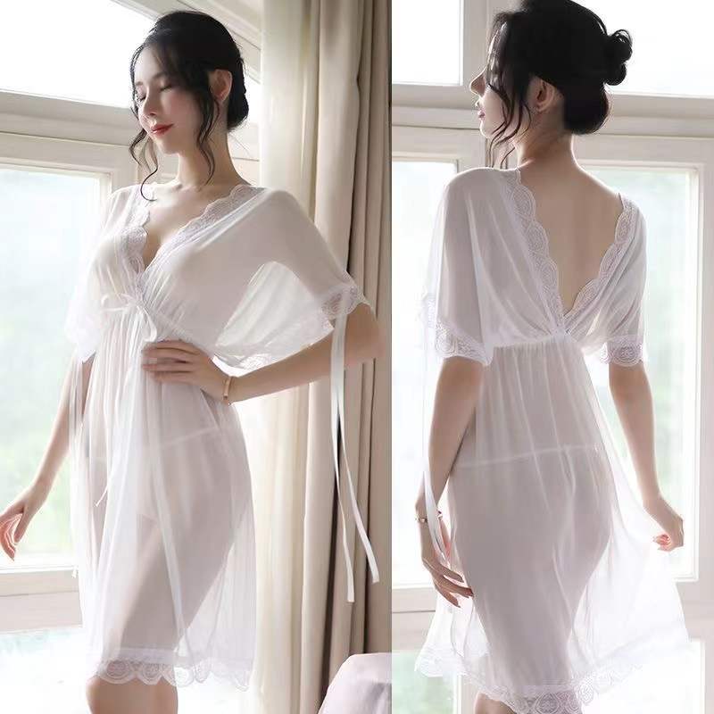 Plus Size Women's Sexy Mesh Nightdress Summer Transparent See-through Lace Suspenders Short-sleeves Two-wear Sexy Nightdress