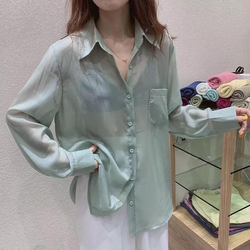 Sunscreen Shirt Chiffon Female Summer  Long Sleeve Loose Ice Silk Cardigan Tide  Turn-down Collar  Button Up Shirt
