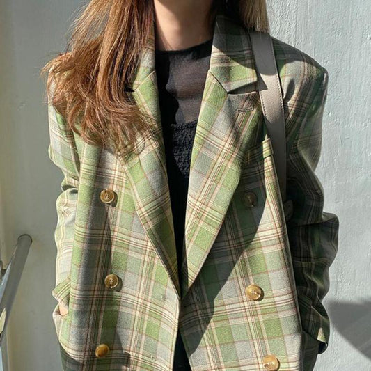 Vintage Loose Women Plaid BlazerAutumn Chic Double Breasted Female Long Sleeve Suit Jackets Stylish Ladies Blazer