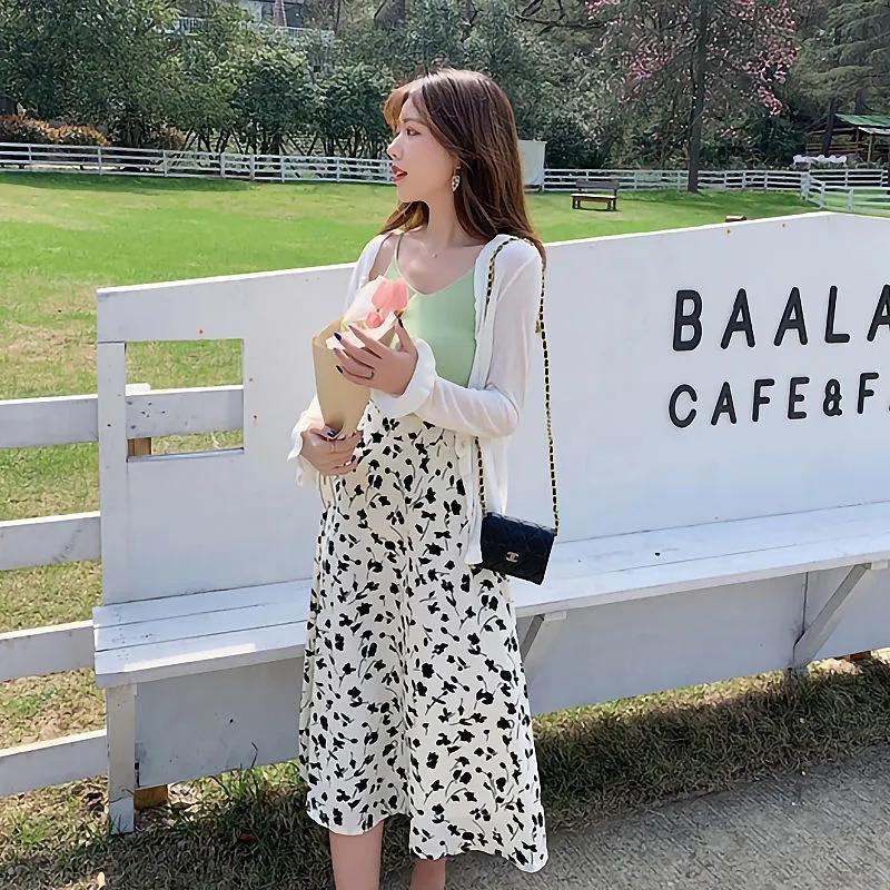 Summer Sweet Floral Skirt Women's Korean Style All-match Flowers Printed Skirt A-line High Waist Slim Retro Long Dress