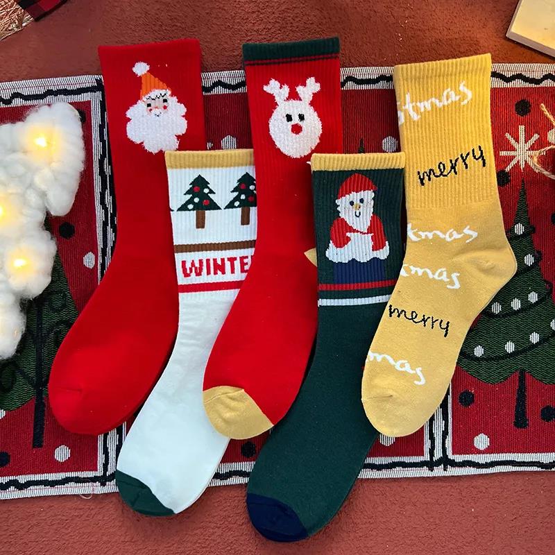 Five Pairs of Red Christmas Socks Long Tube All-match Cute Cartoon Cotton Socks