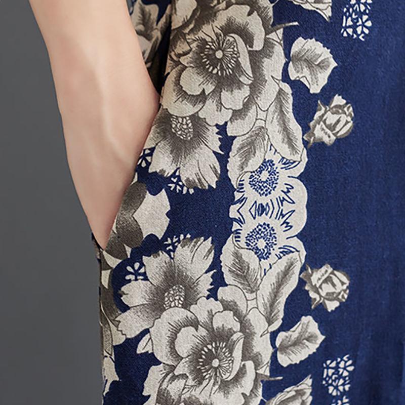 Summer Retro Print Dress Women's Bat Sleeve Loose Round Neck Long Dress