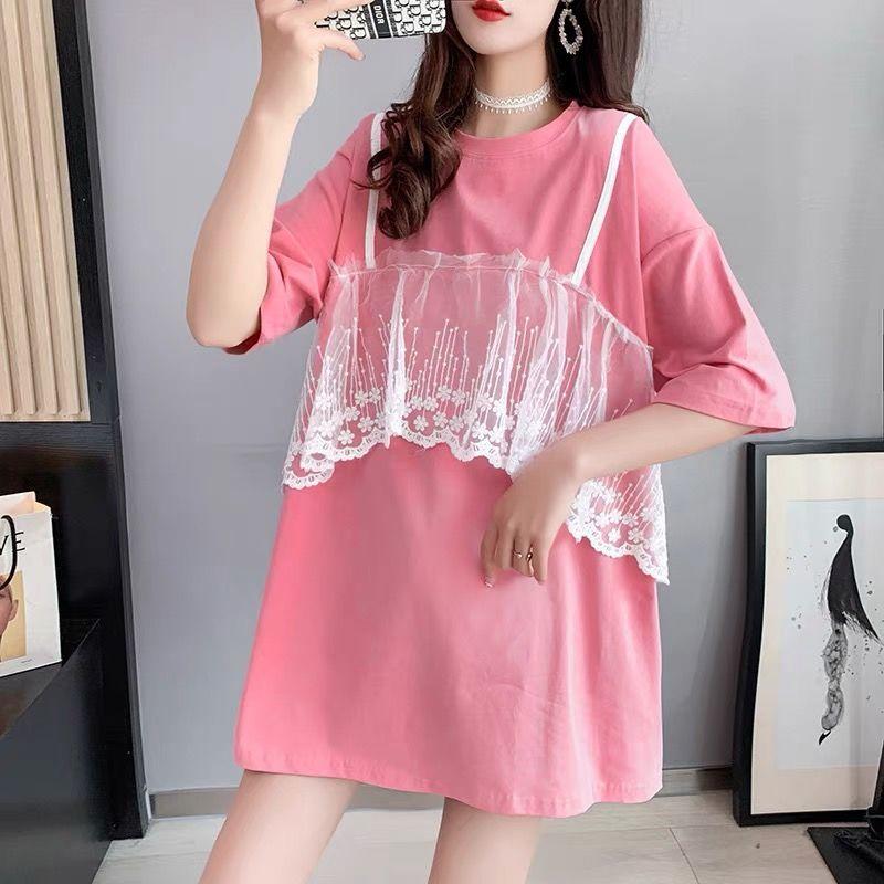 Lace Veil Women Dress Girl Loose O-Neck Loose Short Sleeve Casual Long T-shirt Dress