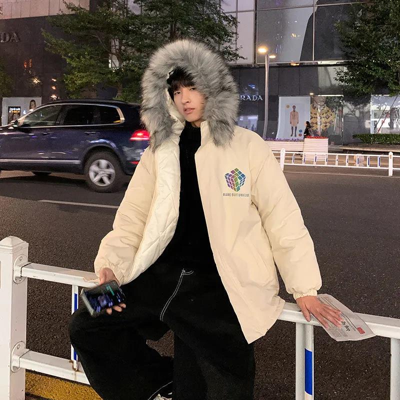 Tide Brand Rubik's Cube Reflective Cotton Coat Male Fur Collar Korean Version of Loose Bread Coat Winter Student Handsome Thick Cotton Coat Jacket
