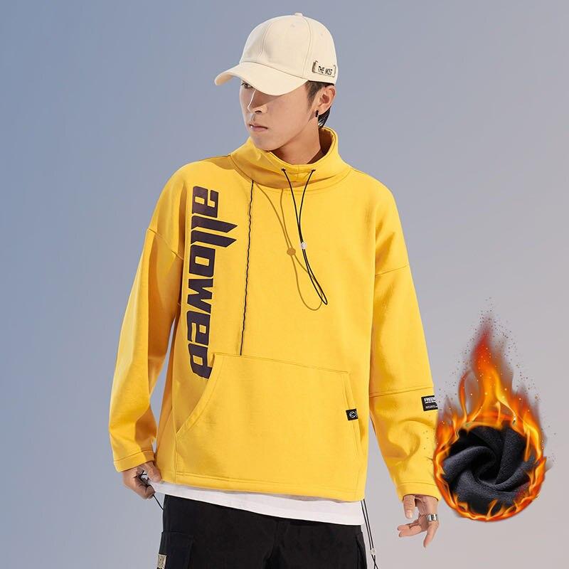 Youth Men Streetwear Fleece Hoodies Imitated Mink Wool Pullover Winter Big Pocket Sweatshirts Casual Turtleneck Tops