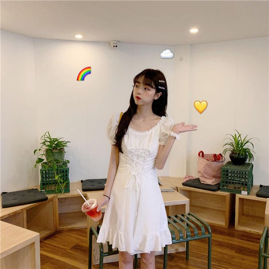 French Niche Dress with Wooden Ears Summer and Korean Version of The New Wild Waist Thin White Lace-up Short-sleeved Fairy Skirt