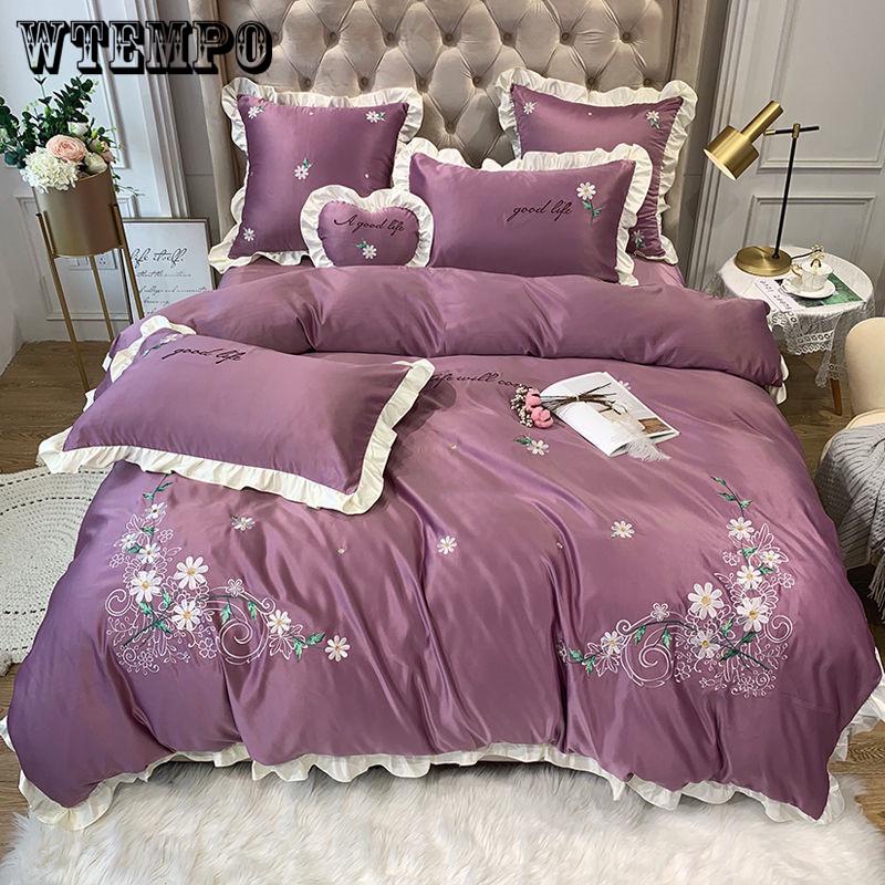 Lace Princess Wedding Bedding Sets Bedspread 4pcs Jacquard Satin Ruffles Duvet Cover Sheet