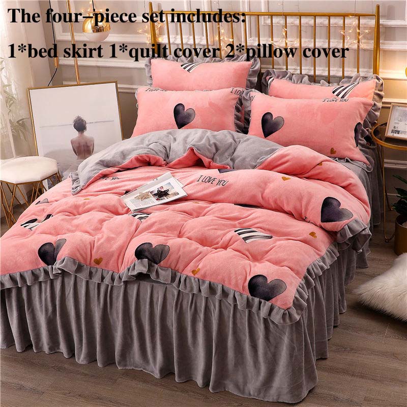 Thick Milk Velvet Four-piece Bed Skirt Quilt Cover Pillowcase Plus Velvet Warm Double-sided Quilt Cover Bedding Set
